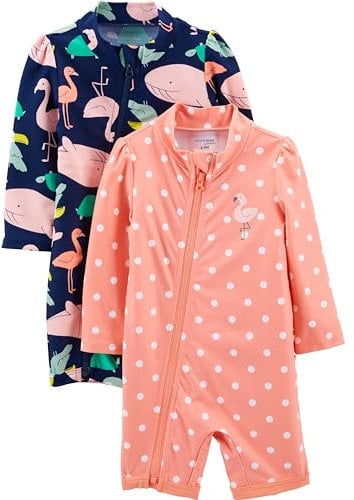 Simple Joys by Carter's 2-Pack 1-Piece Zip Rashguards Traje de baño de una Sola Pieza, Azul Marino Amigos Marinos/Melocotón Lunares, 18 Meses (Pack de 2) Bebé Niñas