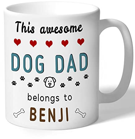 Personalised Mug This Awesome Dog Dad Belongs to (Dogs Names) for Men, Birthday, Christmas Ceramic 10oz/300ml