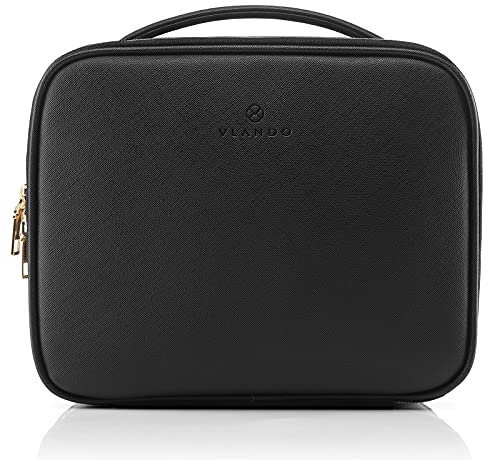 Vlando Trousse de Toilette à Suspendre pour Voyage d'affaires, Gym, Vacances et ménage, Organiseur de Maquillage étanche pour Femmes, Hommes et Enfants, Noir, 1.Medium-PU Leather, 1. Cuir PU Moyen