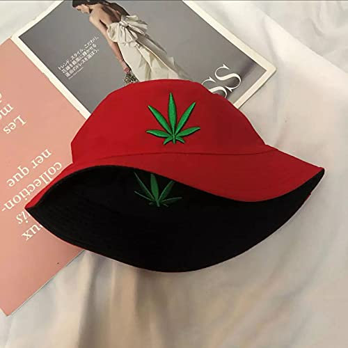 Unisex Sonnenhut Fischerhüte,Bucket Hat Cap Marihuana Weed Stickerei Blatt Cannabis Doppelseitiger Fischerhut Faltbarer Sommer Outdoor Sonnenhut Für Männer Frauen Jugendliche,Rot,Schwarz,56,58Cm
