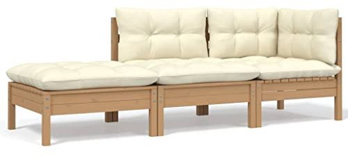 vidaXL Garten Lounge Set 3-TLG., Gartenmöbel Set Sitzgruppe für Garten Terrasse Balkon, Modular Sofa mit Creme Kissen, Garnitur Loungemöbel, Kiefer Massivholz