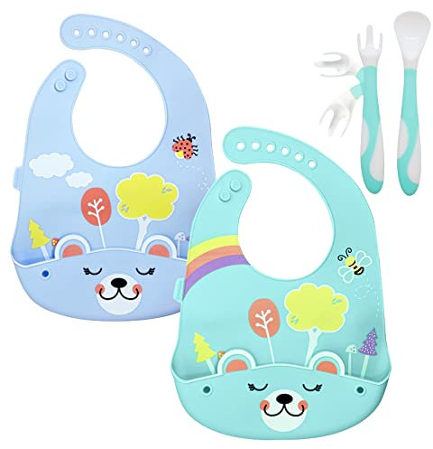 BRUNOKO Juego de 2 baberos de silicona + cubiertos para bebés 3 en 1 - Baberos de silicona impermeables + utensilio para niños pequeños (cuchara & tenedor bebé) - Juego de alimentación bebés sin BPA