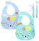 Brunoko Set de 2 Bavoirs Silicone + Couverts 3 en 1 - Bavoir Étanche + Ustensile Bambin (Cuillère & Fourchette) - Set Repas Bébé Sans BPA - Passe au Lave-Vaisselle