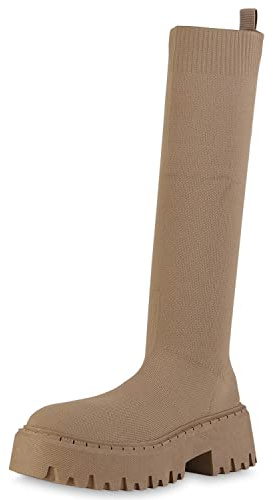 VAN HILL Damen Plateaustiefel mit Blockabsatz Strick Profilsohle