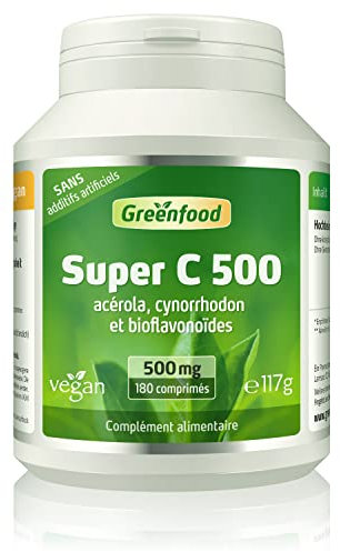 Greenfood Super C, 500 mg de vitamine C, dose élevée, 180 comprimés - avec acerola, pointe de rose et bioflavonoïdes, aide à réduire la fatigue .SANS additifs artificiels. Sans génie génétique. Vegan.