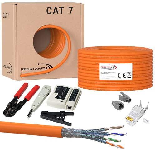 50m CAT 7 Kabel Verlegekabel Netzwerkkabel Crimpzange RJ45 Zange/Kabeltester/Kabelmesser / 20x Netzwerkstecker RJ45 Stecker LAN Halogenfrei Installationskabel CAT7 Kupfer Netzwerk Werkzeug SET