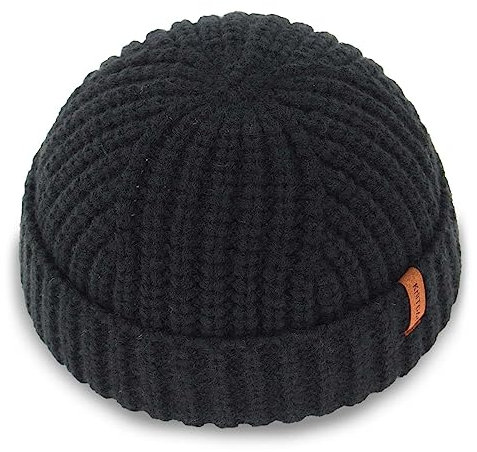 KNITDAY Chunky Wool Fisherman Short Beanie Hüte Skull Cap für Herren, Dicke Skater Streetwear Fishermans Beanie Daily Hat, Schwarz, M/L