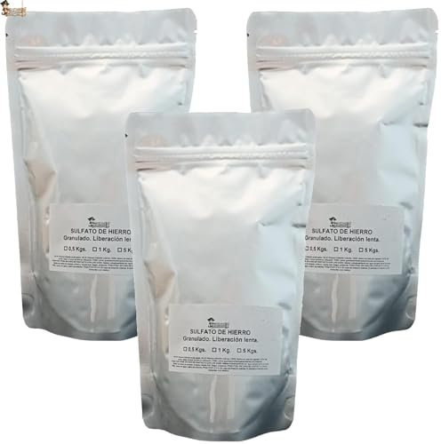 BricoLoco.com Hierro para plantas¡¡Pack 4,5 kgs.(3x1,5kg)! Sulfato hierro granulado reverdeciente para plantas, árboles cítricos, frutales, limonero. Abono hierro contra clorosis férrica (1,5 kgs., 3)