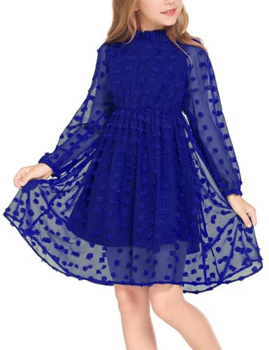 Arshiner Abito Ragazze 5-13 Anni Bambini Chiffon Manica Lunga Abito Casual da Festa Matrimonio A-Line Collo Rotondo Royal Blue 150