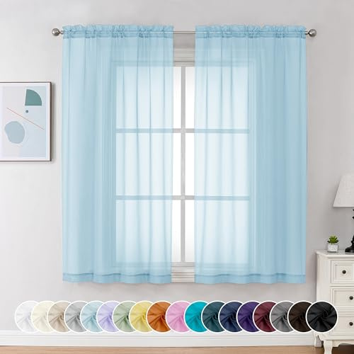 Chyhomenyc Durchsichtige Vorhänge, 137 cm lang, 2 Paneele, lichtfilternde Stangentasche, Voile, Kurze Vorhänge für Wohnzimmer, Schlafzimmer, kleine Fenster, 106 x 114 cm (B x L), Himmelblau