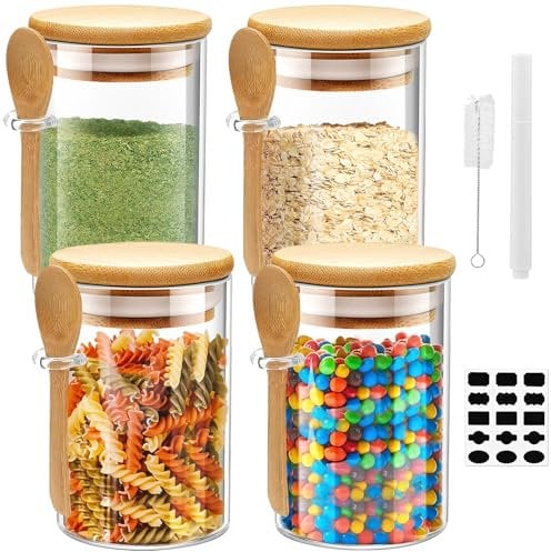 Glass Jars with Airtight Lid and Spoon, 4Pcs Glass Kitchen Storage Jars 4 x 600ml Spice Jars with Labels, Marker and Cleaning Brush, for Flour, Sugar, Coffee, Candy, Snack and More