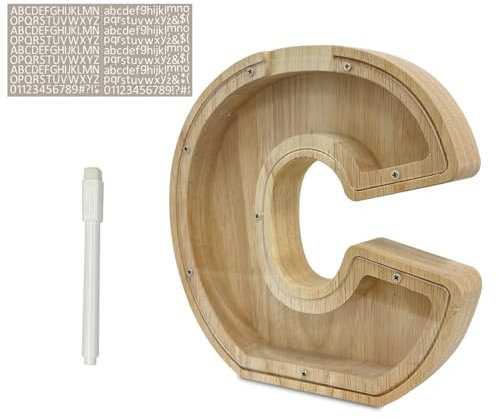 Meloditrunk Letras C Hucha para Niños, Huchas de Transparente Personalizada Madera con Letras de A-Z, Hucha Monedas Creativa para Regalo de Cumpleaños/Decoración del Hogar/Recuerdo