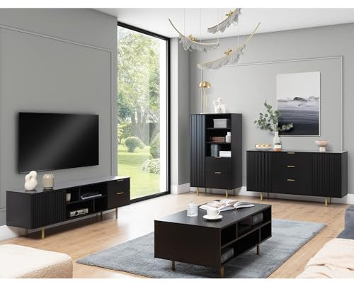 Lomadox Wohnmöbel Set Wohnwand matt schwarz 4-teilig modern 1 Sideboard, 1 Couchtisch, 1 Lowboard, 1 Highboard