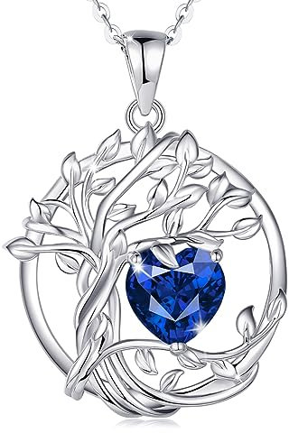 FANCIME Lebensbaum Saphir Kette für Damen 925 Sterling Silber Baum des Lebens Saphir Anhänger Halskette Schmuck Geschenke für Frauen Mädchen, Kettenlänge: 40+5 cm
