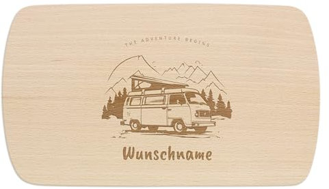 PrintPlanet® - Personalisiertes Holz-Frühstücksbrettchen mit Gravur - Schneidebrett mit Namen personalisiert - Motiv: Camping