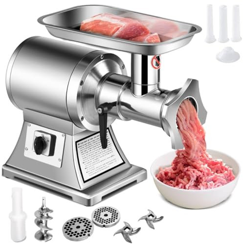 SONLED Tritacarne Commerciale 3 in 1, Tritacarne Elettrico da 750 W e Insaccatrice per Salsicce con 2 Lame, 2 Piatti da Taglio, 3 Tubi per Insaccatrice e Kit Kubbe, Tritacarne in Acciaio Inossidabile