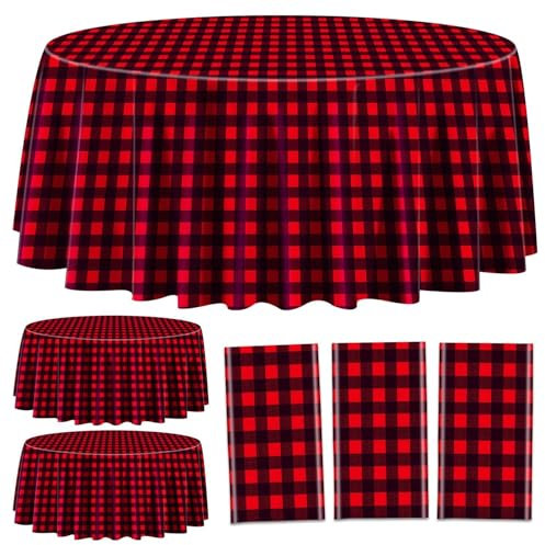 3 Packungen rot und schwarz Karierte Tischdecken für runden Tisch, Buffalo Plaid Tischdecke rot wasserdicht Kunststoff Tischdecke für Picknick Geburtstag Baby Dusche Hochzeit Weihnachten 210 x 210 cm