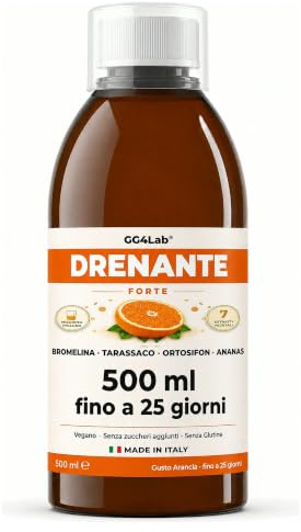GG4Lab Drenante Forte Liquido, Ritenzione Idrica, 500 ml, Arancia | 7 Estratti, Tarassaco 800 mg a Dose, Favorisce il Drenaggio dei Liquidi Corporei, 25 Dosi da 20 ml, Made in Italy