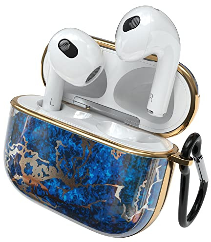 EAZY CASE - Schutzhülle für AirPods 3 Hülle Blau Hard Case Stoßfest mit Karabiner geeignet als Schlüsselanhänger Antikratz Etui rutschfest Hardcase für Airpod 3. Generation in Dunkelblau Marmor