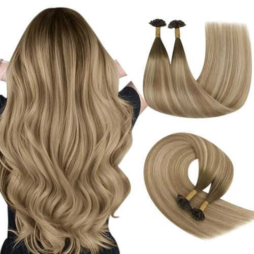 YoungSee Utip Hair Extensions Human Hair Balayage U Tip Extensions Dark Brown Ombre Brown with Blonde Keratin Tip Hair Extensions Human Hair 14 Inch Ktip Real Hair Extensions for Soft Hair 50s/50g