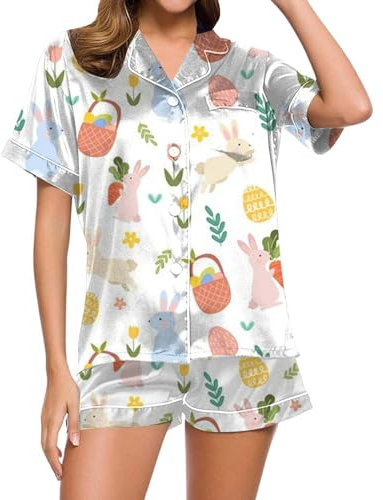 Pyjama Damen Rot - Damen-Pyjama-Pyjama-HöSchen-Set Modisch LäSsig Osterhase 3D-Digitaldruck Kurz Nachthemd Damen Langarm Frottee