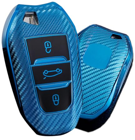 ontto Coque de cléAdapté pour 3008 5008 208 308 408 pour Citroën C1 C3 C4 C5 Grand Picasso DS3 DS5 TPU Fibre de Carbone Coque de clé de Voiture Étui pour clé de Voiture Bleu