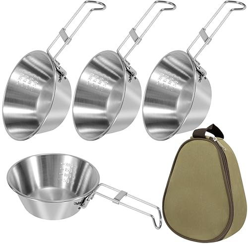 MengH-SHOP Camping Bowl with Handles Stainless Flatware Cup Bowl Portable Outdoor Shiraz Bowl for Outdoor Camping Hiking Picnic 4 Pack