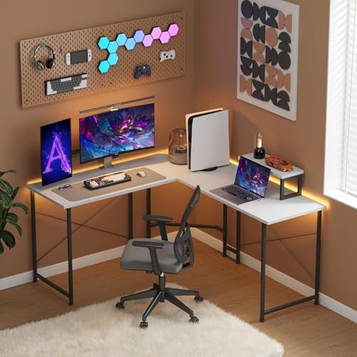CAIYUN L-Shaped Gaming Desk, 50 Corner Computer Table With Monitor Stand for Home Office Bedroom (White)