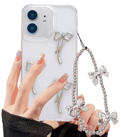 XQAGU Phone Case for iPhone 11 Clear Glitter Case with Cute Bow Aesthetic Girly Phone Case with Phone Chain Charm Bracelet Soft Protective Cover for iPhone 11 -Silver Bow