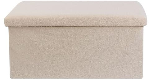 DANIEL JAMES Housewares Folding Ottoman Storage Box – Large Padded Footstool or Storage Chest with Lid for Bedroom, Hallway, Living Room - Teddy Boucle: Cream