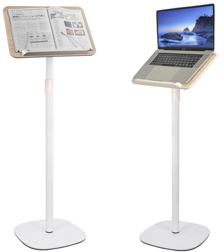 OUUTMEE Lesebuchständer, anhebbarer Beistelltisch, Winkelverstellung, Metallstruktur, Laptop, Kochbuch, Zeichenbrett, Holz, Bewegen Rednerpult,Weiß,50-170 cm