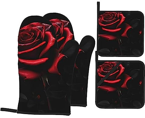 CHUNMINW Set di guanti da forno e presine con stampa rossa e rose, 4 pezzi, resistenti al calore, per cucinare 17,8 x 27,9 cm