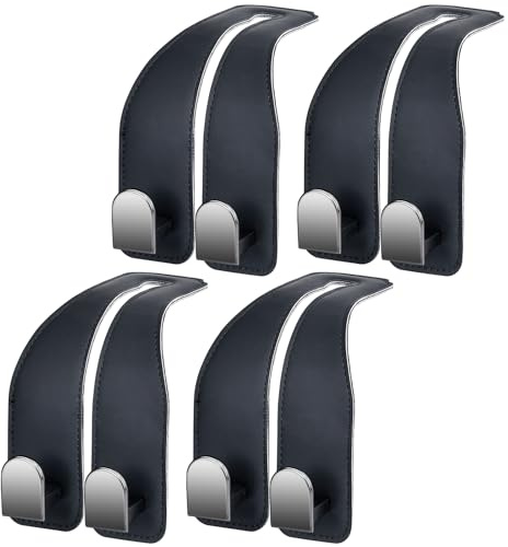 Car Hooks for Headrest, Leather Car Seat Back Storage Organizer Interior Accessories, More Wide & Deep Auto Seat Hook Hangers for Purse Umbrellas Handbag Clothes Coats Grocery Bags (Black-4 Pack)