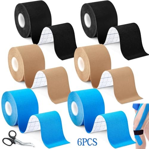 SaiXuan 6 Rotoli di Kinesio Tape (5cm x 5m) - Tape Sportivo, Nero/Beige/Blu Chiaro, Impermeabile, Traspirante, Alta Elasticità, per Protezione Articolare (Ginocchio, Spalla, Gomito) con Forbici