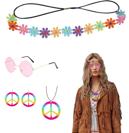 ZHTLTHZ Hippie KostüM Set 5 StüCk, Hippie Brille Damen Herren + Kopfring + Friedenszeichen Halskette + Peace Ohrring, Flower Power Brille Hippie Accessoires Damen Kleidung, 60er 70er Jahre Bekleidung