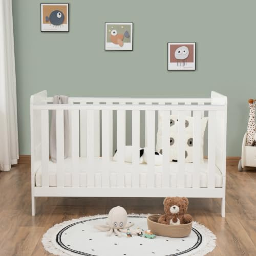 Babymore Caro Urban Cot Bed White - Convertible Baby Cot to Toddler Bed, From Birth Last Up To 5 Years, 3 Adjustable Mattress Base Positions, Wooden Cot With Protective Teething Rails (No Mattress)