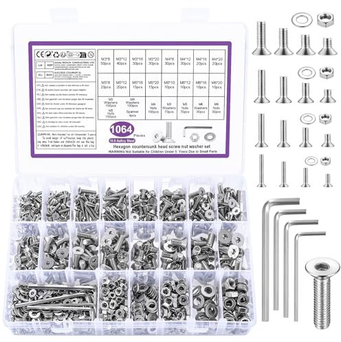 1064 STK M3 M4 M5 M6 Schrauben Set, Senkkopfschrauben Muttern Set, Flachkopf Innensechskantschrauben mit Muttern Set, Maschinenschrauben mit Unterlegscheiben Set, Gewindeschrauben und Muttern Set