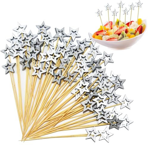 60 Stück Stern Cocktailspieße, 12cm Fingerfood Spieße Weihnachten, Silber Sterne Holzspieße, Cocktail Zubehör Zahnstocher Holz, Partyspieße Cocktail Deko für Bar Party Obst (Silber)