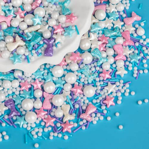 Twisweet Mermaid Sprinkles 130g, Edible Pearl Sprinkles with Mermaid Tails | Ocean theme cake decorations with star sprinkles & sugar rods for cake toppers, cupcakes, cookies & mermaid birthday parties