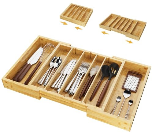 Dripex Besteckkasten für Schubladen, Ausziehbarer Schubladeneinsatz aus Bambus, 5-7 Fächer, Besteckorganizer für Küche