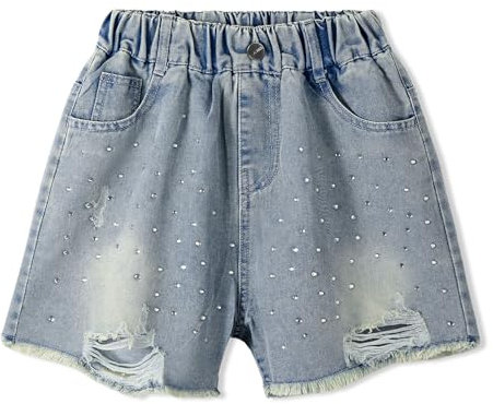 Rolanko Shorts Denim per Ragazze con Vita Elastica Estate Jeans Corti Strappati con Tasche Pantaloncini per Bambini, Foro Strappato, Taglia: 10-11 Anni, 150