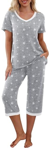 PrinStory Schlafanzüge Für Damen Kurzarm V-Ausschuss Schlafanzugoberteile Und Pyjamahose Mit Taschen Pyjama Set Nachtwäsche (Weißer Stern Grau, L)