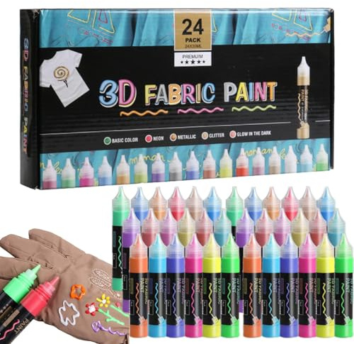 Generisch Lot de 24 peintures pour tissu 3D - Peinture permanente - 30 ml - Pour et adultes - Pour les textiles - Bois et verre - Bonnets
