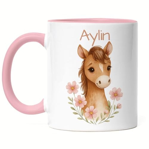 Kiddle-Design Pferdetasse Kinder Personalisiert mit Name - Kinderbecher für Kita, Kindergarten - Kindertasse mit Motiv mit Pferd als Trinkbecher, Zahnputzbecher - Pferd Tasse Rosa