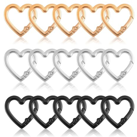 Karabiner Schlüsselanhänger, 15 Stück Herz Karabinerhaken Herzförmige Karabiner, Klein Carabiner KarabinerClip Herzform Carabiner für Wandern Angeln Camping(Gold Silber Schwarz)