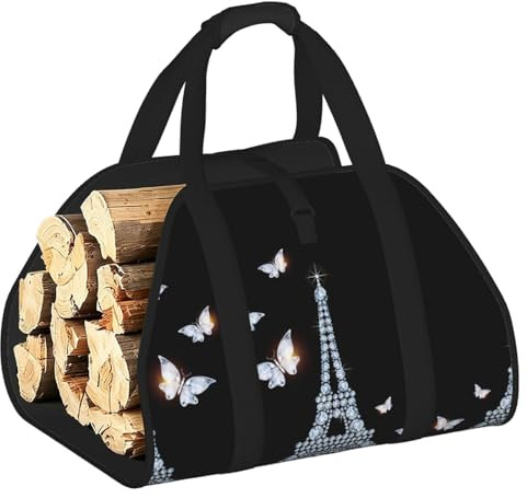 EdWal Sac de transport de bûches imprimé Tour Eiffel avec côtés ouverts Porte-bûches en bois pour cheminée, sac fourre-tout, accessoire de cheminée
