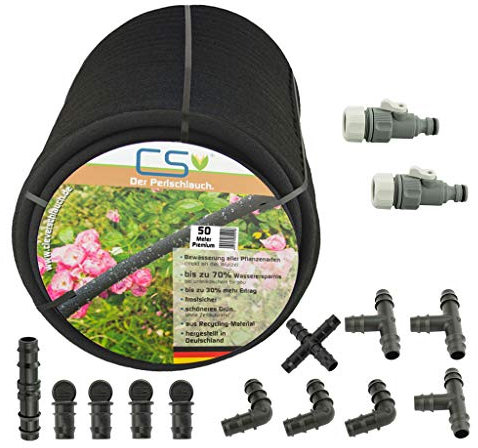 CS Premium Perlschlauch 50m – eco Bewässerungsset mit Regulierventil & Zubehör – für nachhaltige Hochbeet-, Beet- & Heckenbewässerung mit bis zu 70 % Wasserersparnis