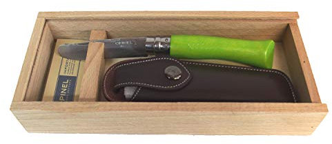 OPINEL Kindermesser, grün, mit Namensgravur, in Holz-Geschenkbox + Messer-Etui