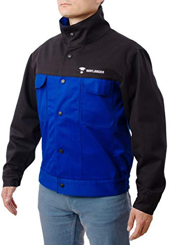 Waylander Schwer entflammbare Schweißjacke aus FR-Baumwolle mit Druckknopfverschluss vorne und Handgelenkverschlüssen, Schwarz/Blau