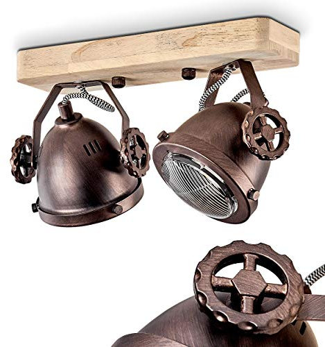 HOFSTEIN Deckenleuchte Herford, verstellbare Deckenlampe aus Metall/Holz/Glas in Braun/Kupfer/Natur, 2-flammig, 2 x GU10-Fassung, dreh- u. schwenkbarer Spot im Retro Design, ohne Leuchtmittel
